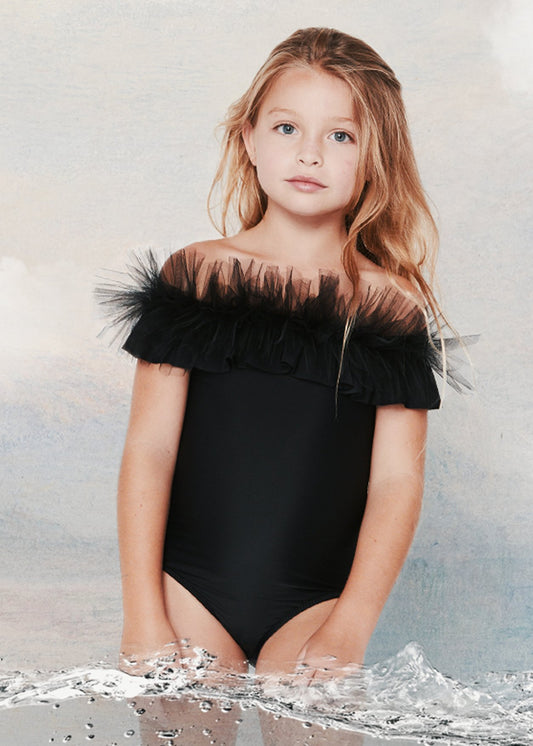 Black Draped Swimsuit with Tulle for Girls