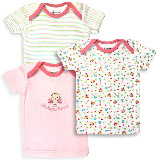 152G-3-3 3 Piece Pink & White Girls T Shirt Set, Birdies & Stripe